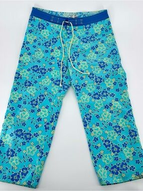 Y2K Blue Floral Capri Pants Low Rise Flat Waist Beach Surf Girl